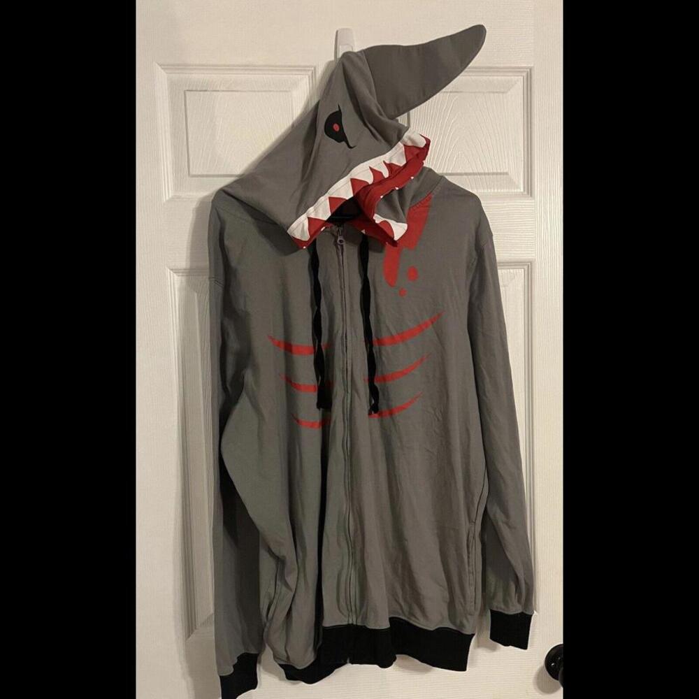 Bioworld Men’s Shark Hooded Jacket Grey, Red, & Black Long Sleeve 2xl
